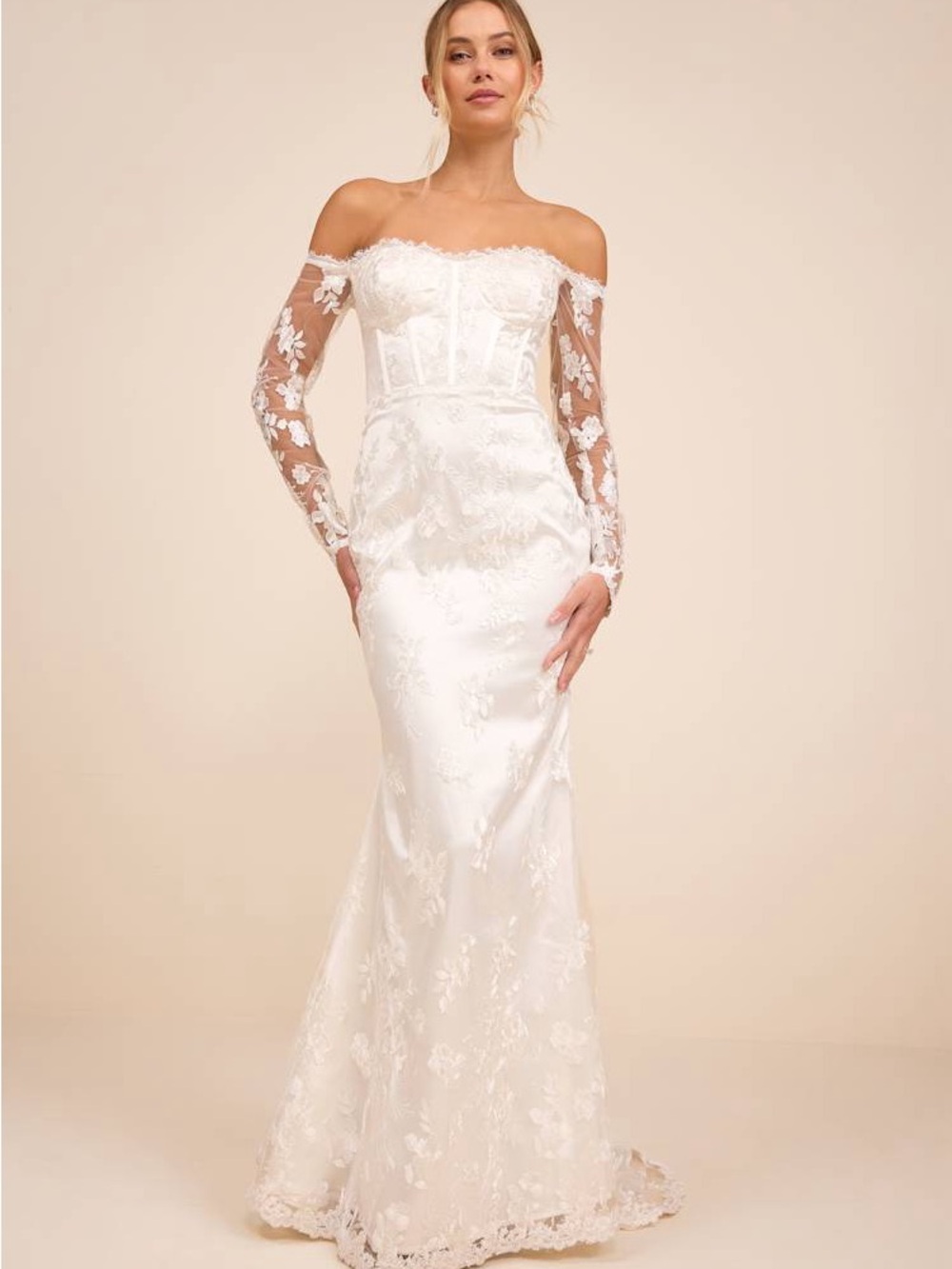 Lucina White Embroidered Bustier Long Sleeve Maxi Dress